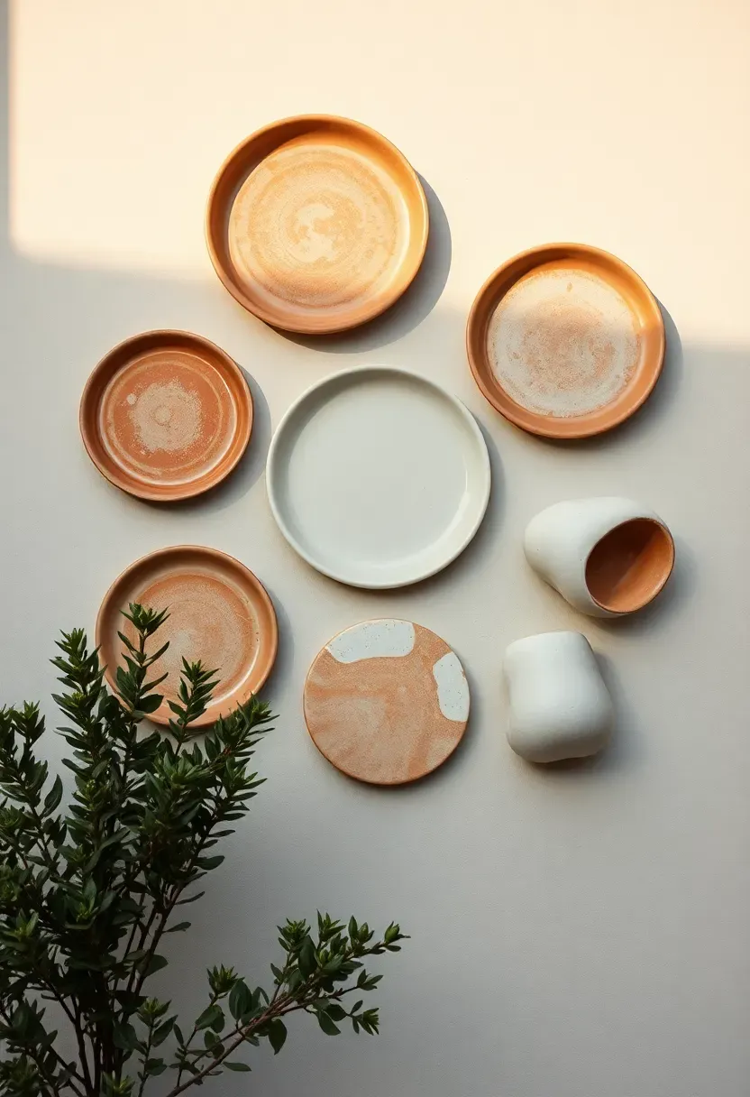 Artisan ceramic wall installation featuring handmade pottery pieces in matte white and warm terracotta tones arranged organically on a pale gray wall