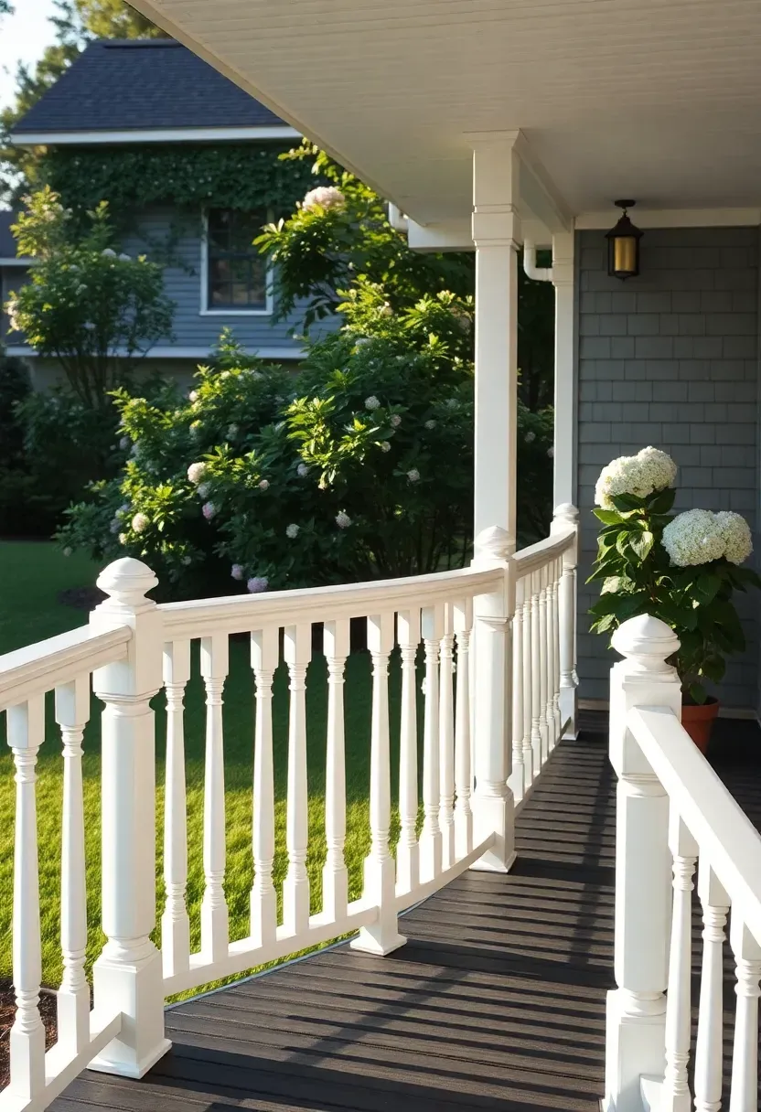 Wraparound backyard porch with painted white railings curving around the corner of a craftsman home