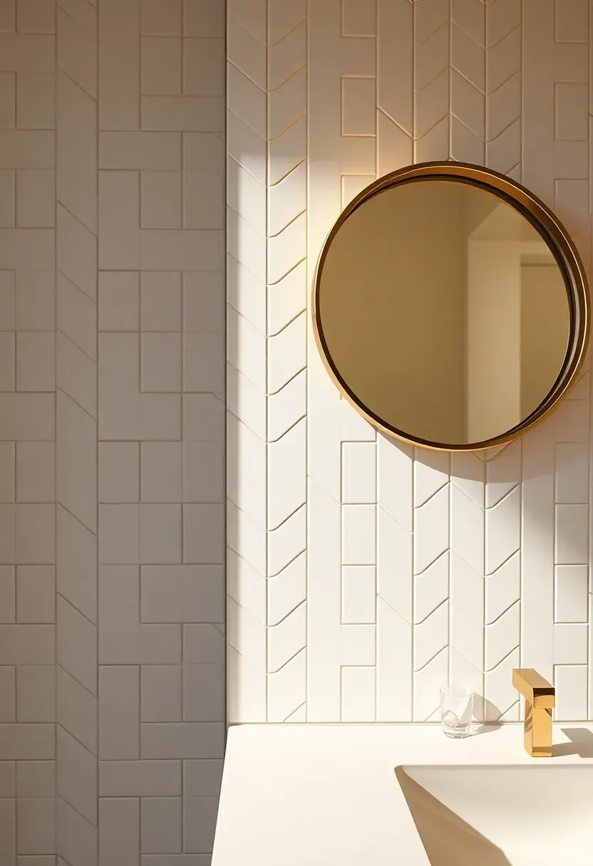 White ceramic tiles arranged in herringbone pattern on a bathroom backsplash wall with warm LED vanity lighting and a round gold-framed mirror