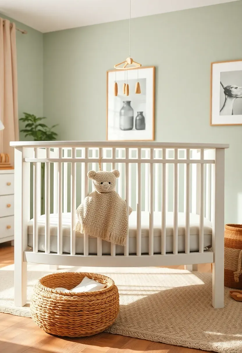 elegant convertible baby crib in white wood set up in a decorated nursery with soft bedding and a mobile above