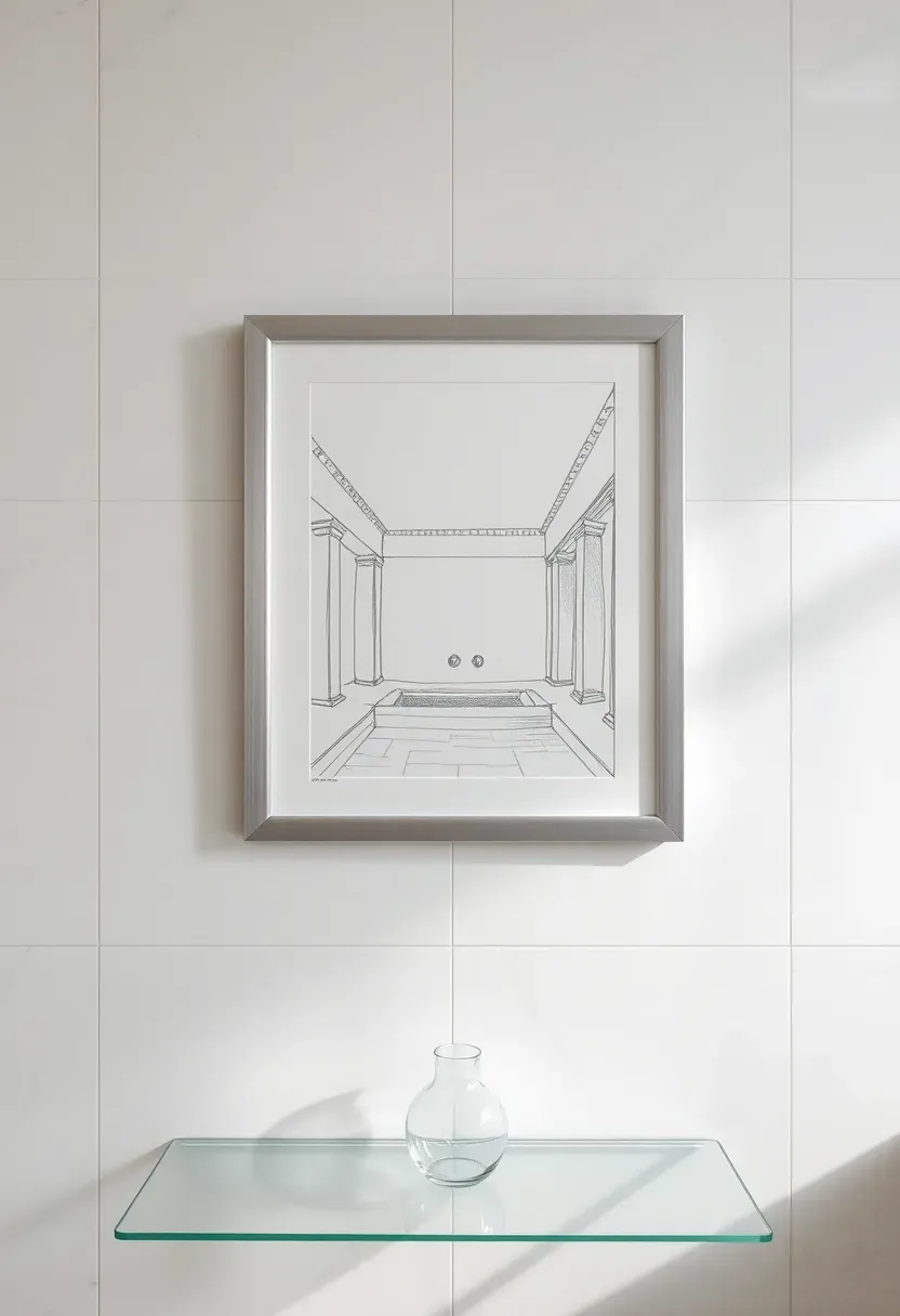 Framed pencil architectural sketch of a Roman bath interior in a thin silver frame on a marble-tiled bathroom wall