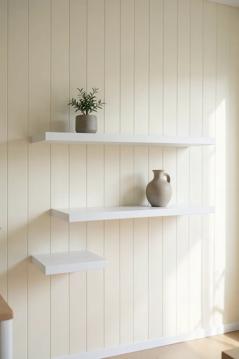 Minimal floating white shelves in a Japandi living room displaying a small plant ceramic vase and single book with generous empty space