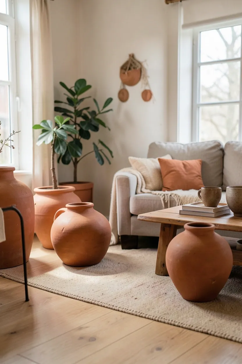 Terracotta clay planters and decorative bowls arranged on a floating shelf in a neutral Scandinavian boho living room with warm earthy tones
