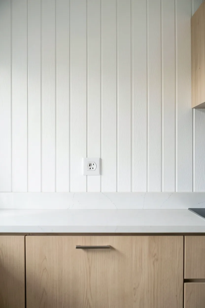 Small japandi kitchenette with narrow light wood cabinets to ceiling, compact cooktop, and clean neutral palette