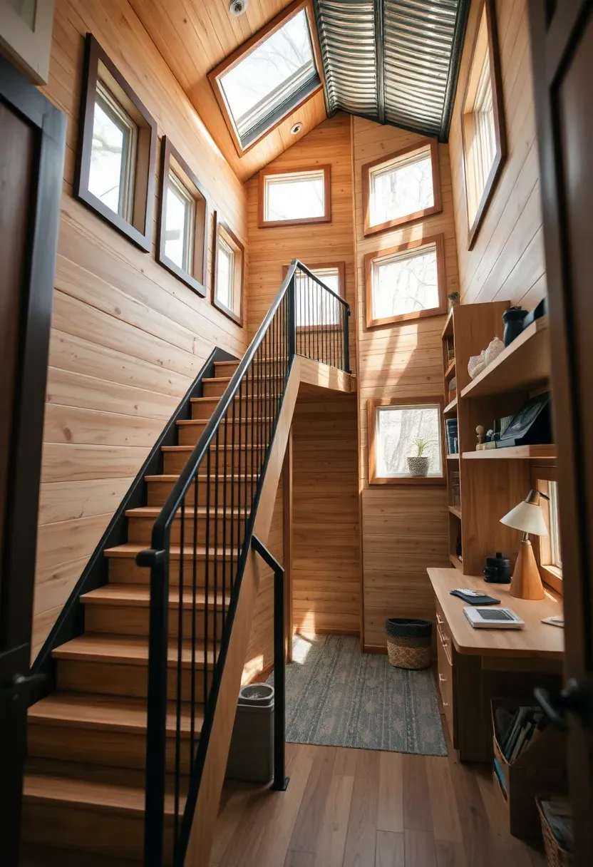 Hyper-realistic interior view of tiny house showing unique custom design features including curved staircase with built-in storage, custom built-in desk with hidden compartments, and artistic window placement creating architectural interest. Materials: light wood with dark trim, custom metalwork on staircase railing, built-in shelving with integrated lighting, corrugated metal ceiling accent. Natural light from multiple windows at different heights creating dynamic lighting patterns, showing architectural design intentionality. Shallow depth of field focusing on custom staircase and storage features, desk area visible in background with computer and artistic supplies. Unique personalized design aesthetic. No text, no logos, no watermarks.</p>