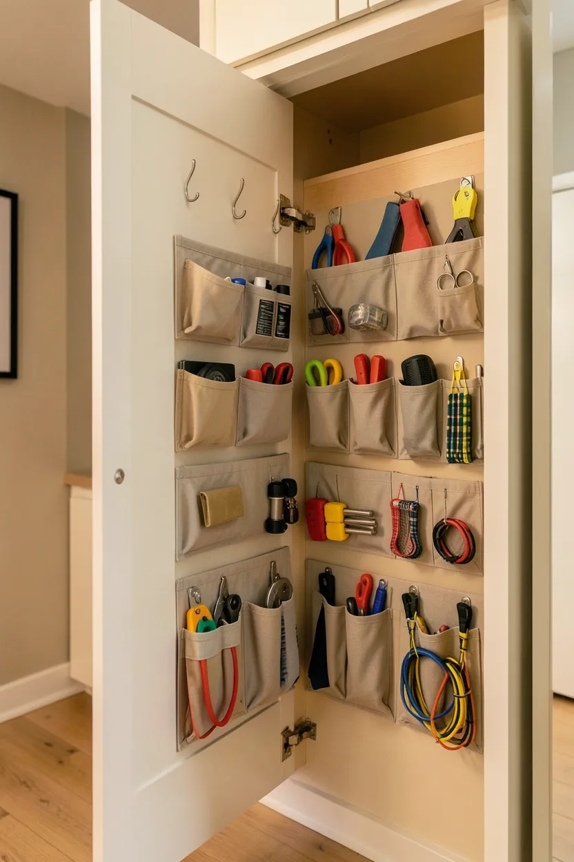 Over-door storage organizer with pockets holding resistance bands and small gym accessories — no-install renter-friendly home gym storage behind the door