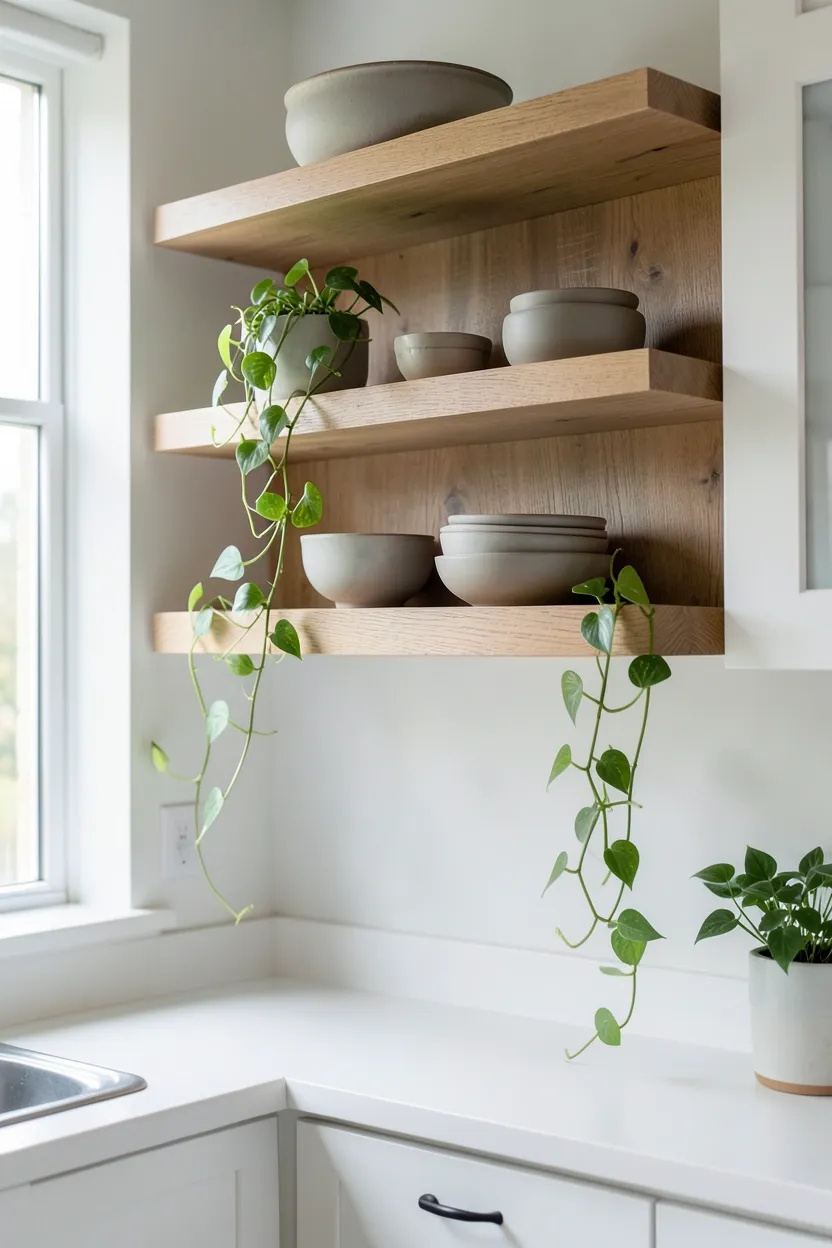 Floating walnut wood kitchen shelves displaying ceramics, trailing ivy plants, and wooden bowls in a modern boho apartment kitchen