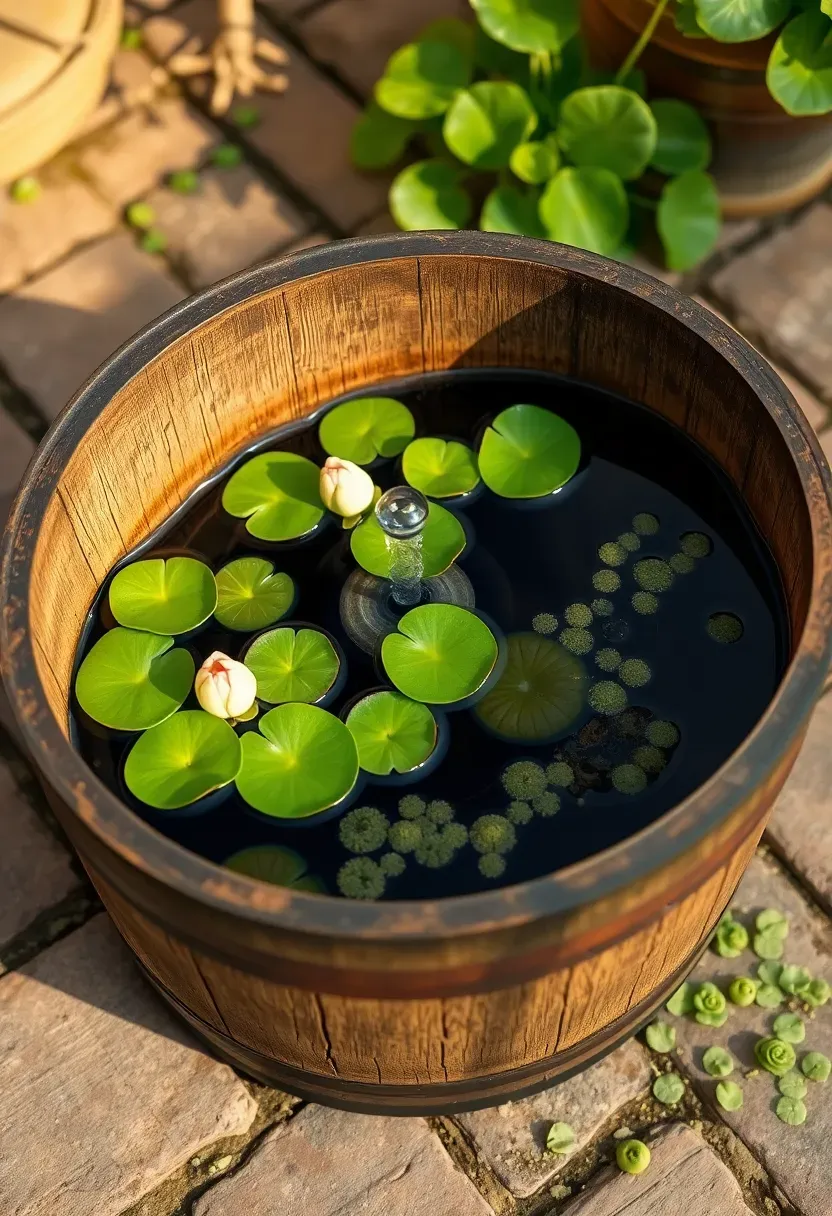 A half whiskey barrel pond fountain with water lilies, a small bubbler, and floating aquatic plants on a patio
