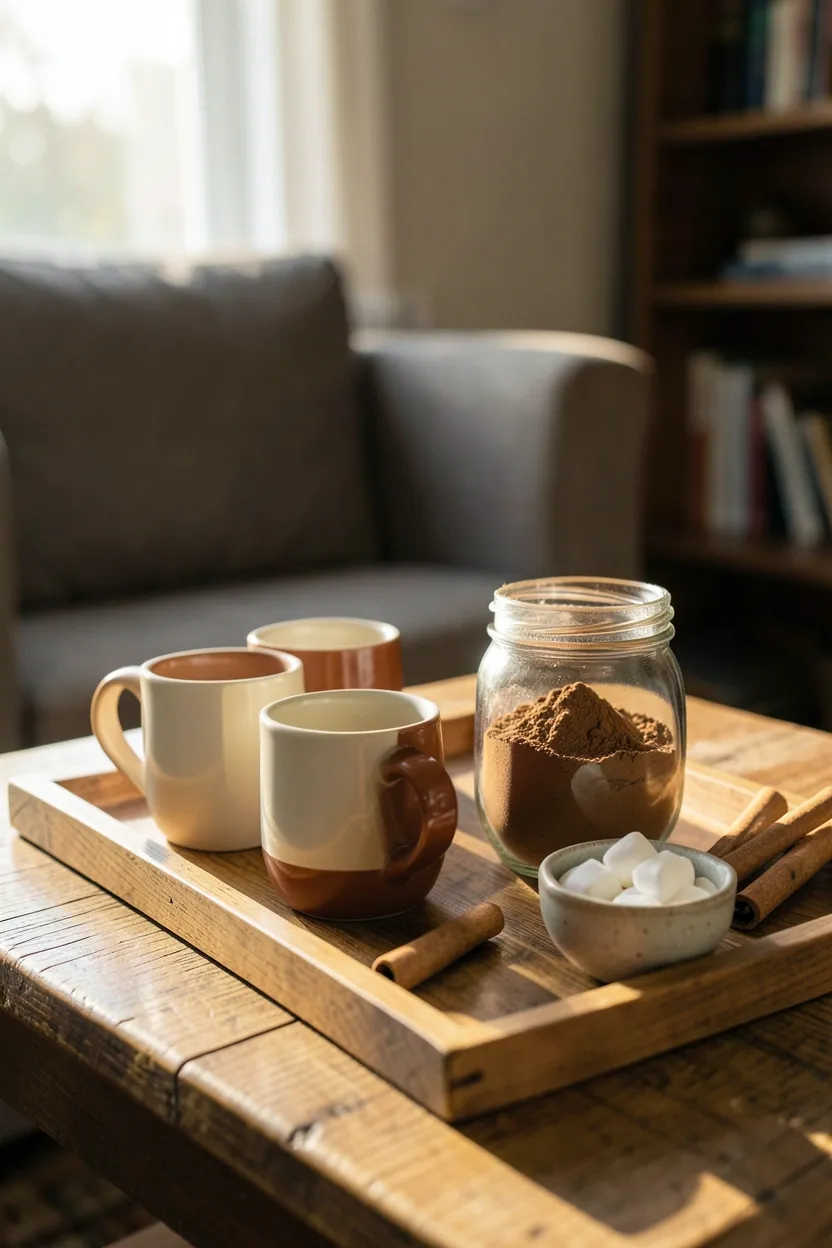 Hyper-realistic slightly elevated casual perspective of hot cocoa station arranged on wooden side table in living room. Wooden tray holds: two ceramic mugs in cream and rust colors, glass jar with cocoa powder showing powder level, small ceramic bowl with marshmallows, and decorative cinnamon sticks. Warm morning light filters through window, catching marshmallow textures and creating soft shadows. Part of sofa and bookshelf visible in background. Materials: ceramic, glass, wood, powder, marshmallows. Welcoming mood. Sharp mug and marshmallow details, shallow depth of field, inviting composition. No text, no logos, no watermarks.