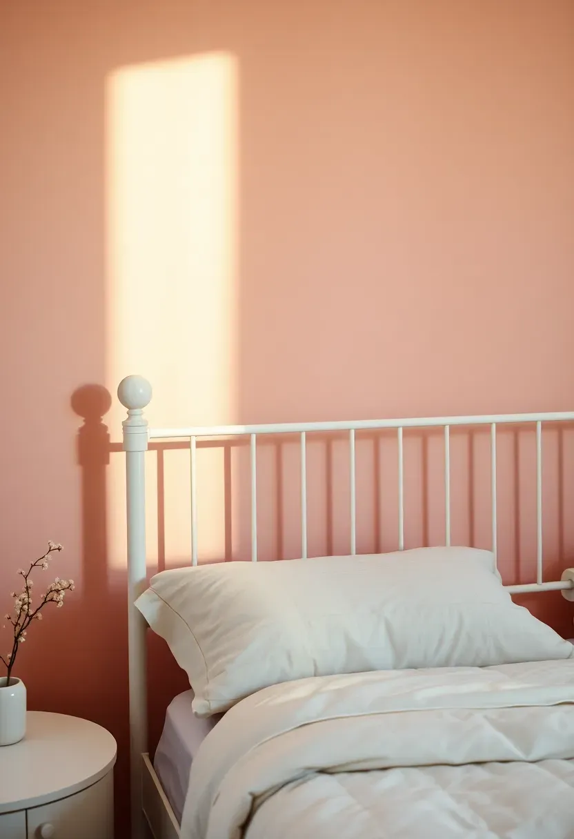 Soft blush pink accent wall behind white iron bed in romantic shabby chic bedroom