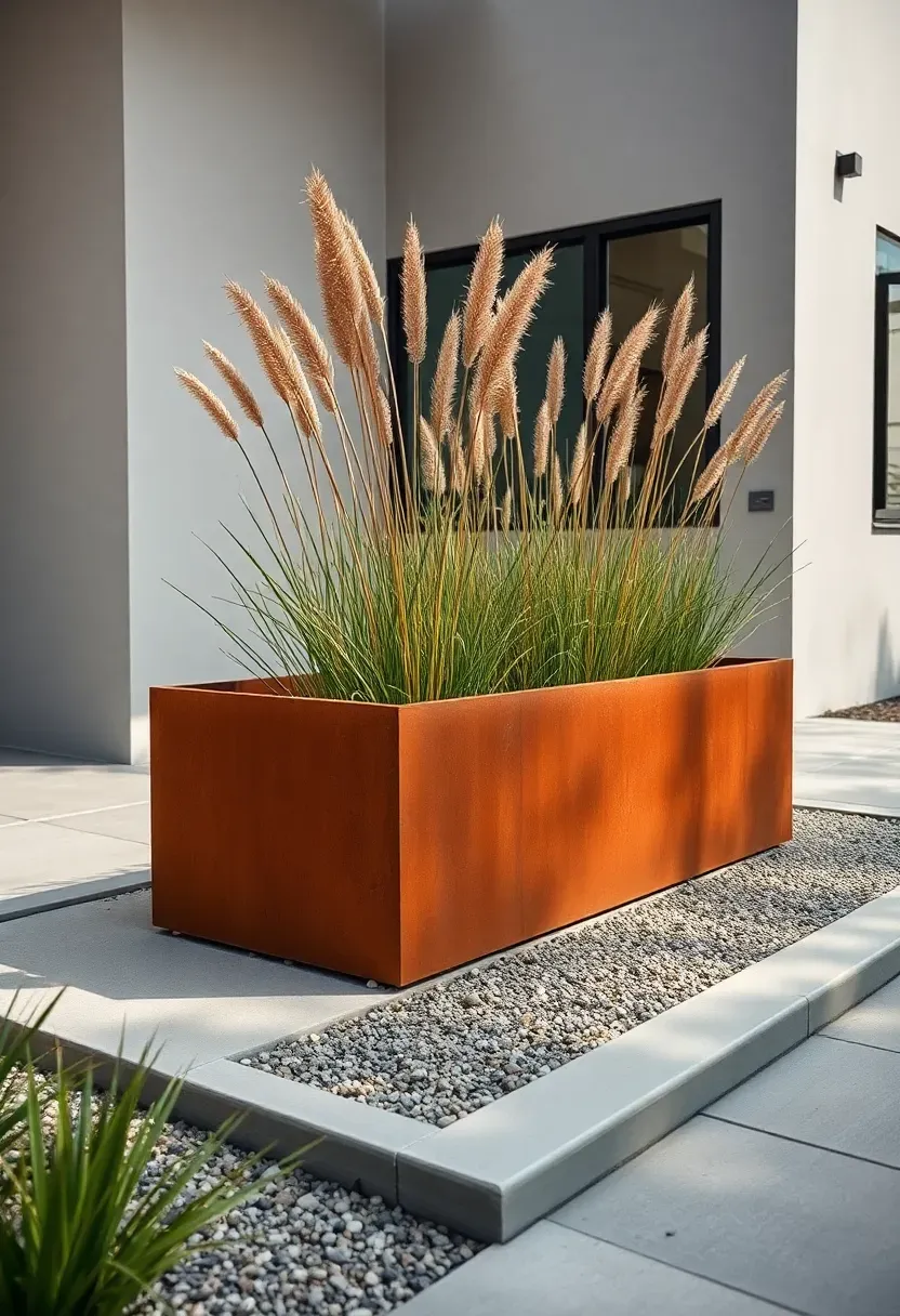 Rectangular corten steel planter with a rich rust patina holding ornamental grasses along a modern concrete walkway