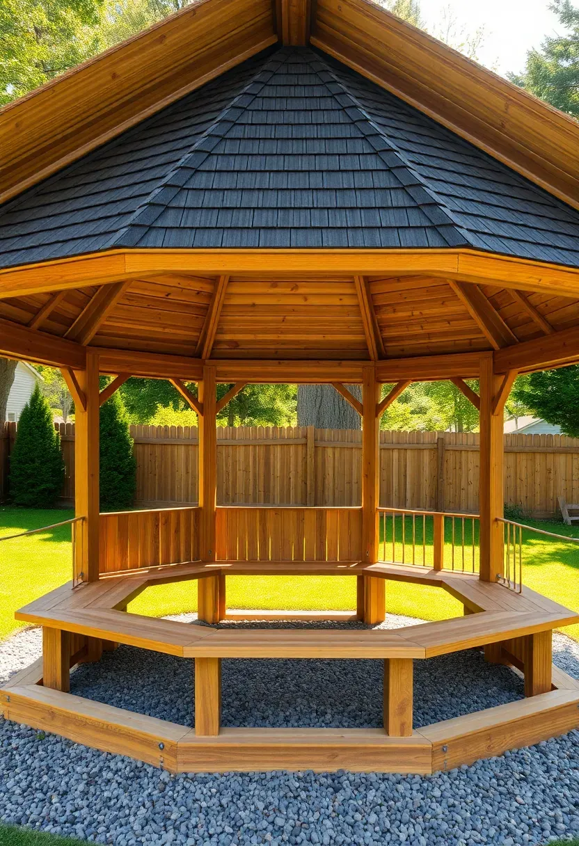 A classic cedar gazebo with an octagonal peaked roof, built-in bench seating around the interior perimeter, set on a gravel pad surrounded by green lawn