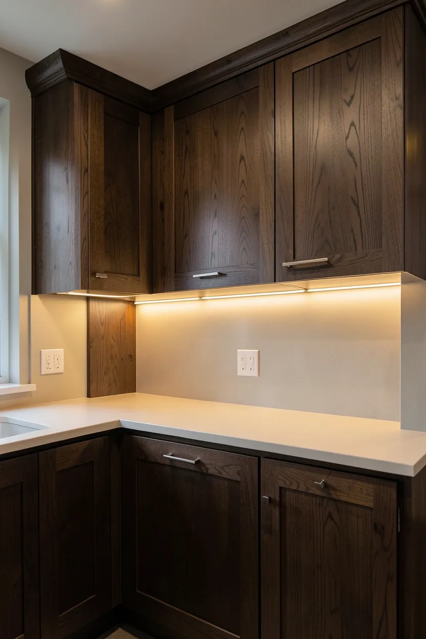 Dark Wood Cabinets with Under-Cabinet Lighting