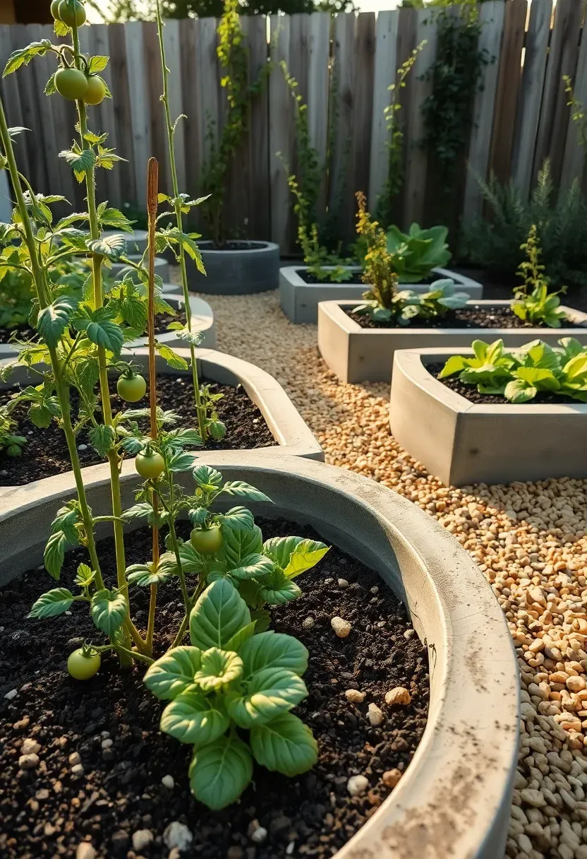 Raised garden beds with poured concrete curb walls about knee height filled with vegetable plants and herbs in a backyard with a gravel path between beds