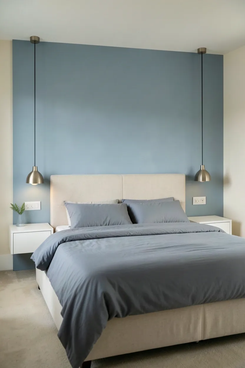 Hyper-realistic eye-level photograph of a bedroom with powder blue accent wall behind upholstered bed, remaining walls in soft cream. King bed with gray-blue bedding centered against accent wall, floating nightstands in white on each side, minimalist pendant lights above. Materials: matte painted powder blue wall, cream walls, upholstered beige headboard, brushed nickel pendant fixtures. Natural afternoon light creating depth on accent wall, serene mood. Shallow depth of field, sharp details on bed frame and nightstands, balanced composition showing accent wall and adjacent neutral wall. No text, no logos, no watermarks.</p>