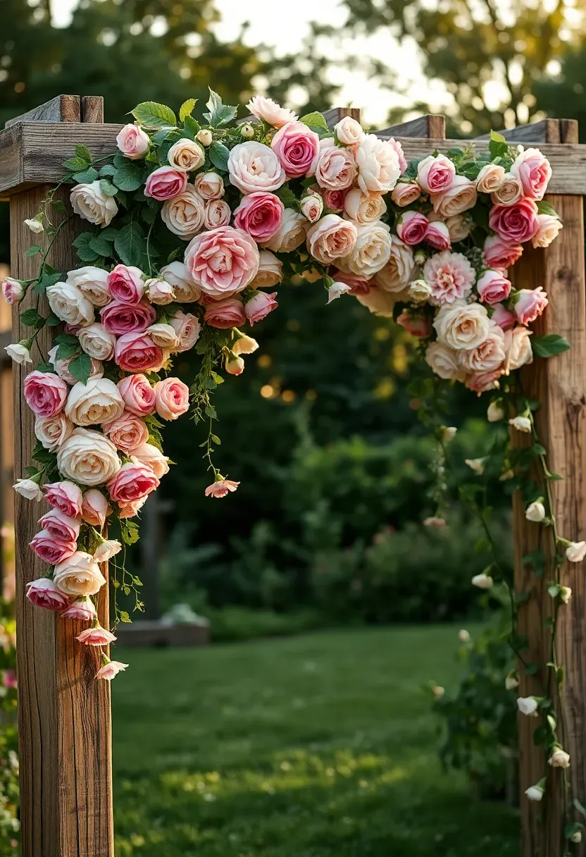 rustic wooden arch bloom bar with wild garden flowers