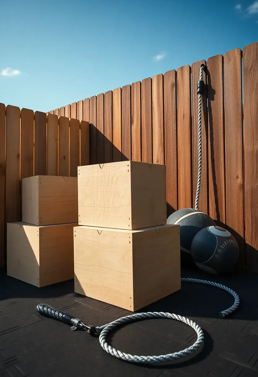 CrossFit-style outdoor workout area with plywood box jump boxes of different heights, wall balls against a fence, a jump rope on the ground, and rubber flooring
