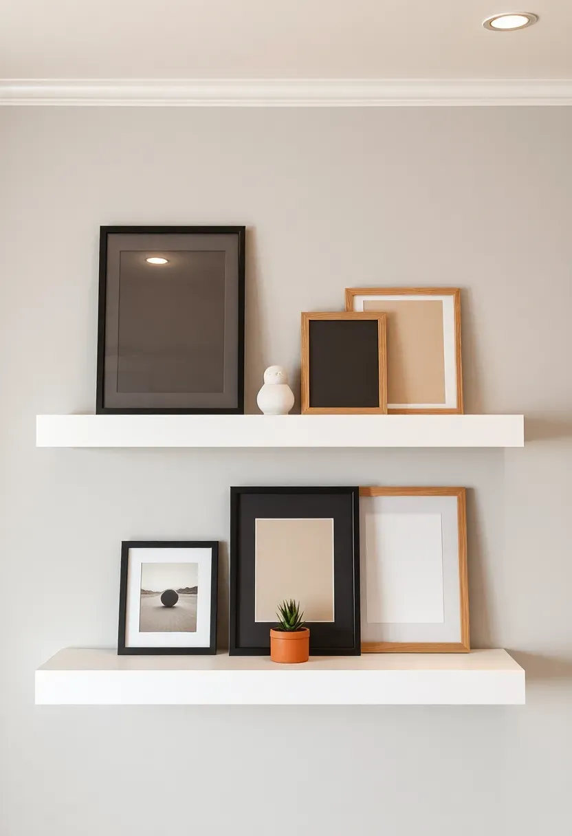 Three floating picture ledges on a basement wall displaying leaning framed prints, small sculptures, and postcards
