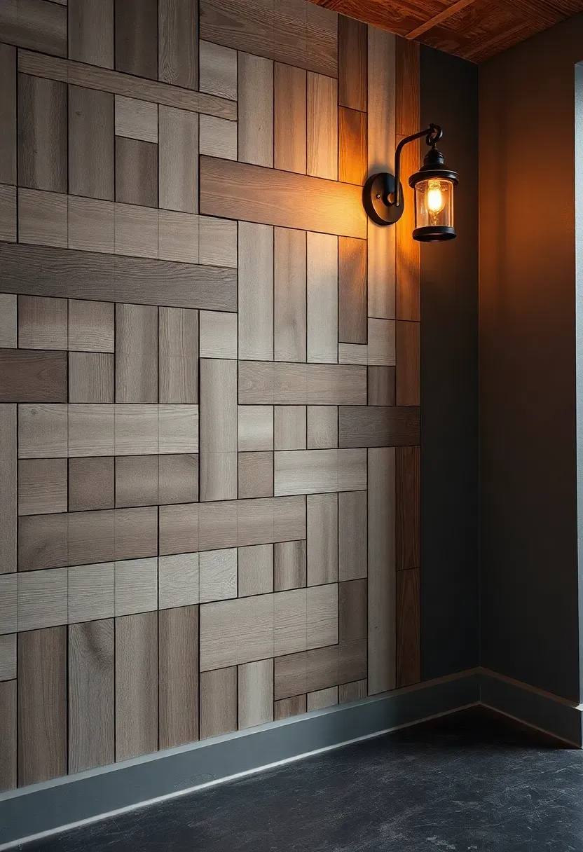 peel-and-stick reclaimed wood panels on a basement wall with a mix of gray and brown weathered tones