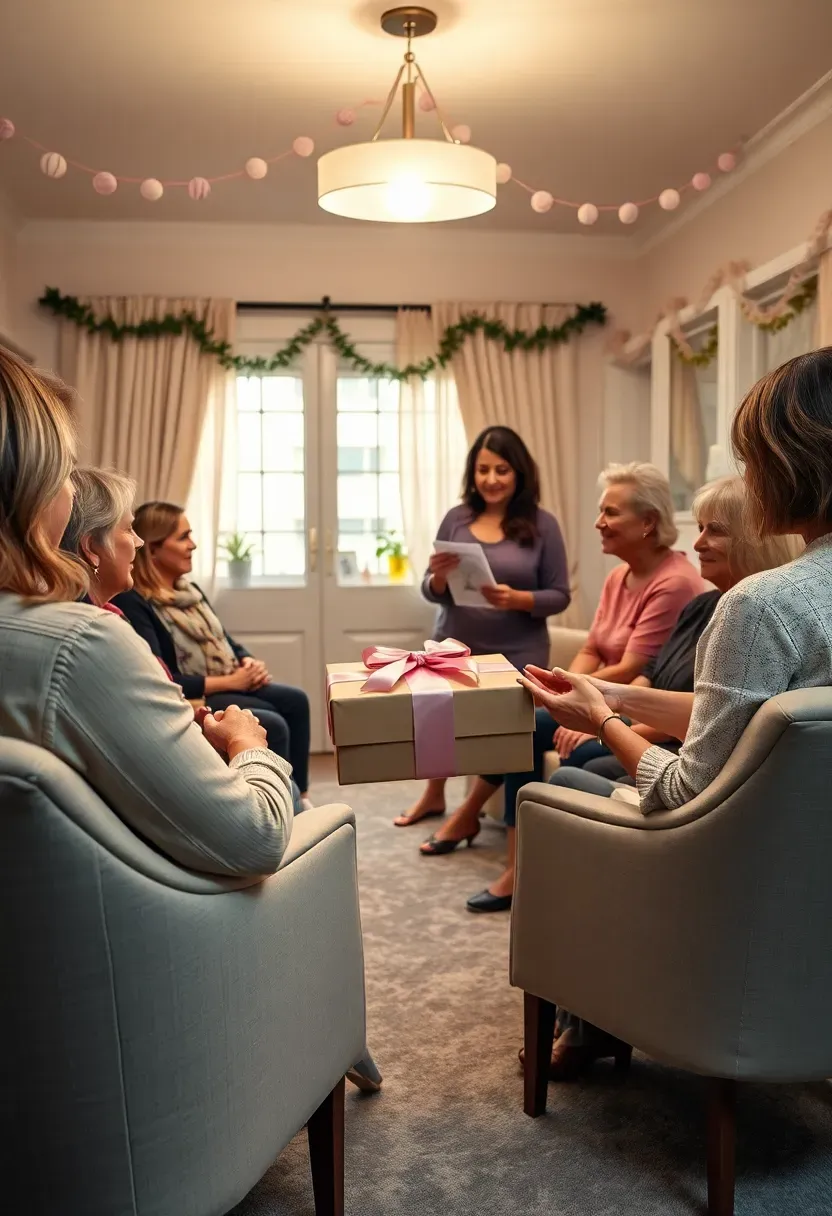 group of baby shower guests sitting in a circle passing a wrapped gift during a story game
