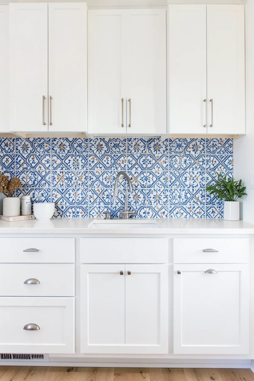 Blue and White Patterned Tile Backsplash