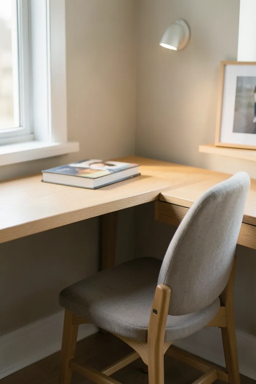 Simple L-shaped corner desk in light wood with floating shelves above and a comfortable chair — dual-purpose home office and daytime reading nook in a small bedroom