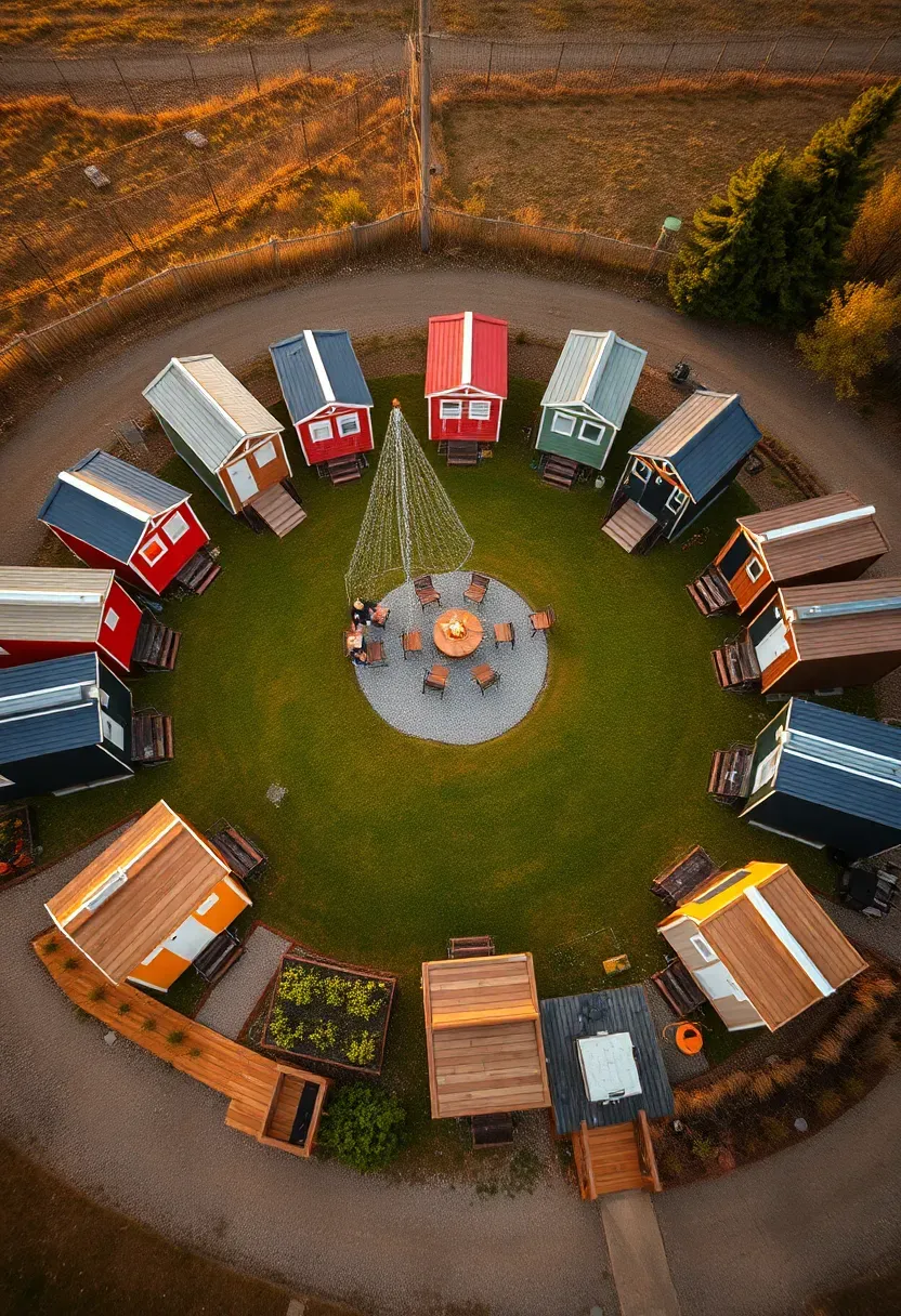 Hyper-realistic aerial view of tiny house community showing 8-10 tiny houses arranged in circle around central community green space with fire pit, picnic tables, and community garden beds. Materials: variety of tiny house designs with different colored siding and roofing, gravel pathways connecting homes, wooden community deck with seating, raised garden beds with young plants. Golden hour lighting with long warm shadows stretching across community space, creating inviting atmosphere for gathering. Shallow depth of field focusing on central community space, individual tiny houses visible in surrounding circle showing variety of designs. Connected community aesthetic with intentional social design. No text, no logos, no watermarks.</p>