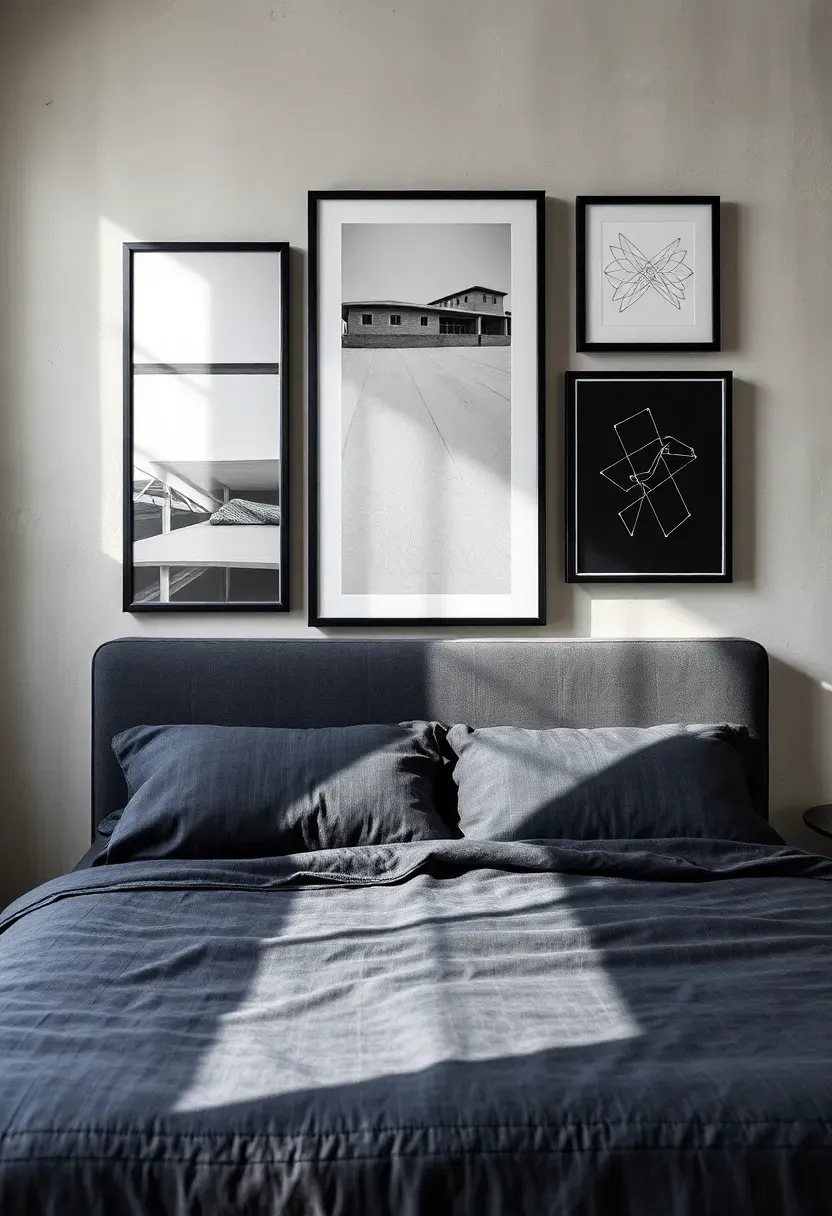 masculine bedroom gallery wall with black framed architectural prints above bed