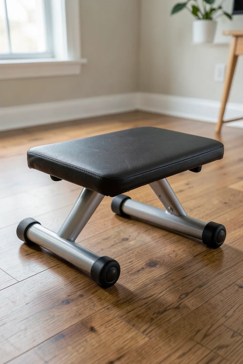 Low-profile sliding glide bench with smooth rolling mechanism on hardwood floor in a compact home workout space — core stability training equipment