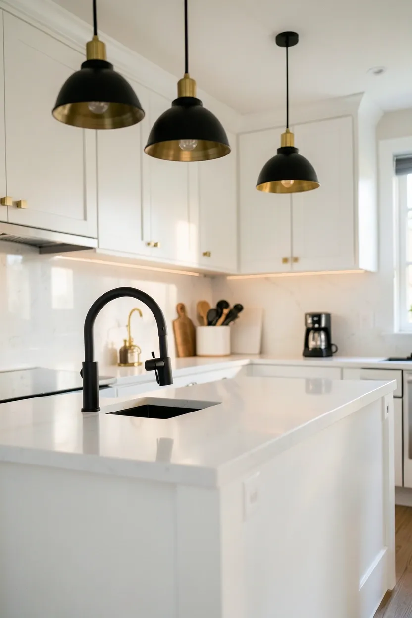 White shaker cabinets with matte black pendant lights, faucet, and cabinet pulls as accent details in a traditional-style kitchen with white marble countertops