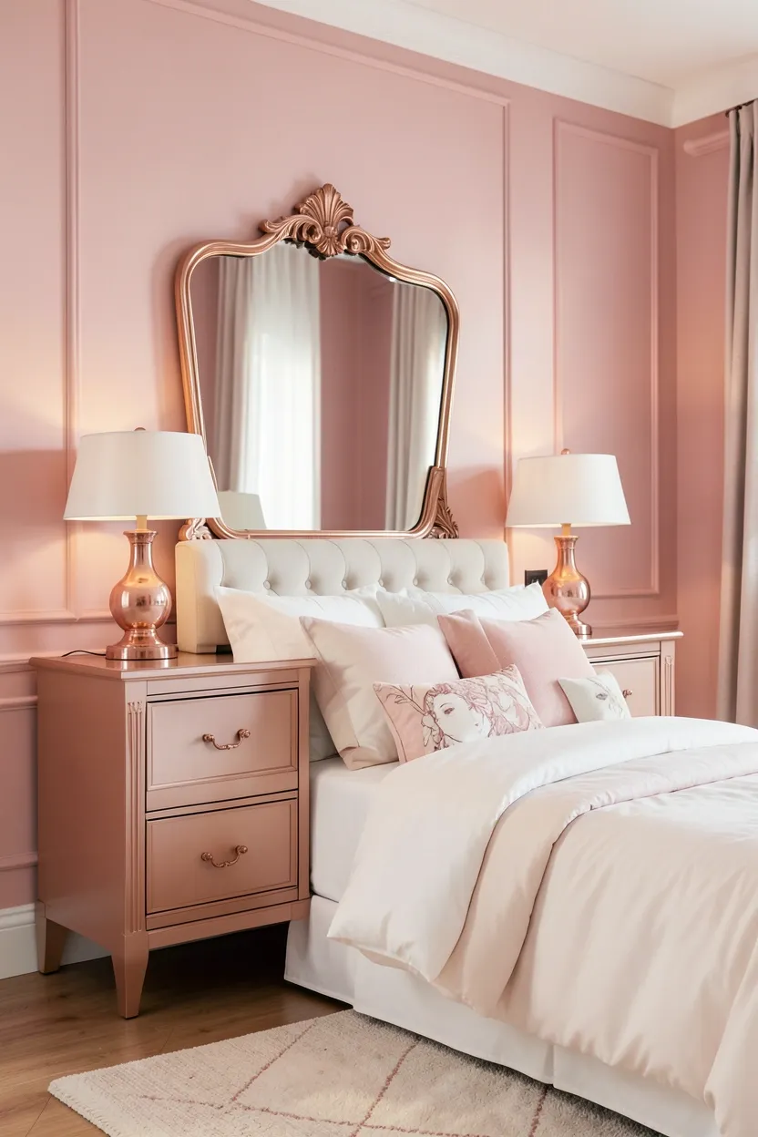 Rose Gold Accents and Soft Pink Walls