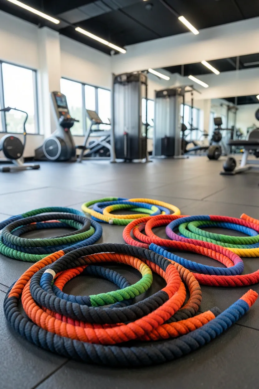 Thick battle ropes coiled on wall-mounted hooks in a home workout room with rubber flooring — high-intensity functional training equipment