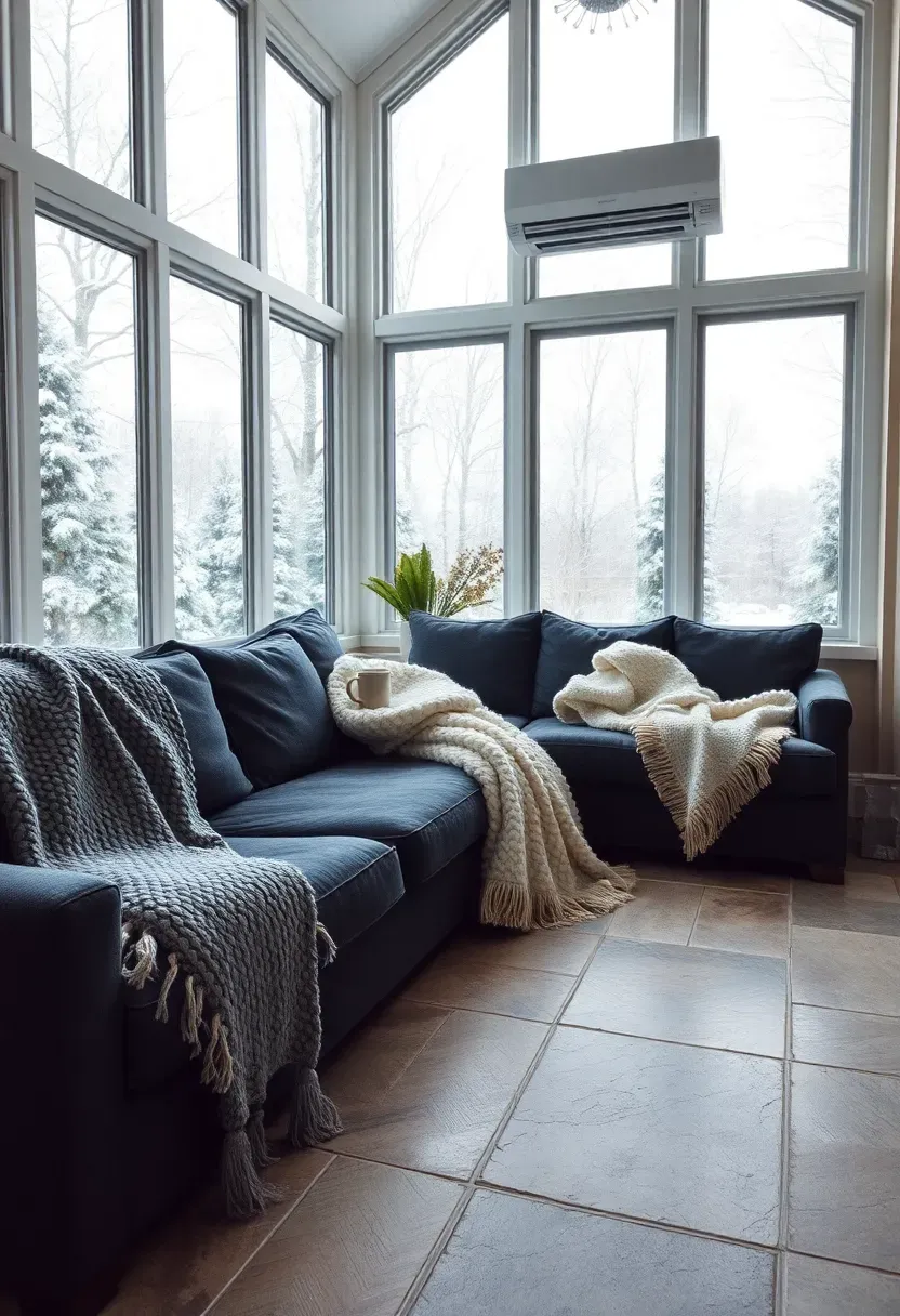 Four-season sunroom in winter with insulated glass walls, heated stone floor, thick wool blankets on a deep sectional, and snow-covered trees visible outside