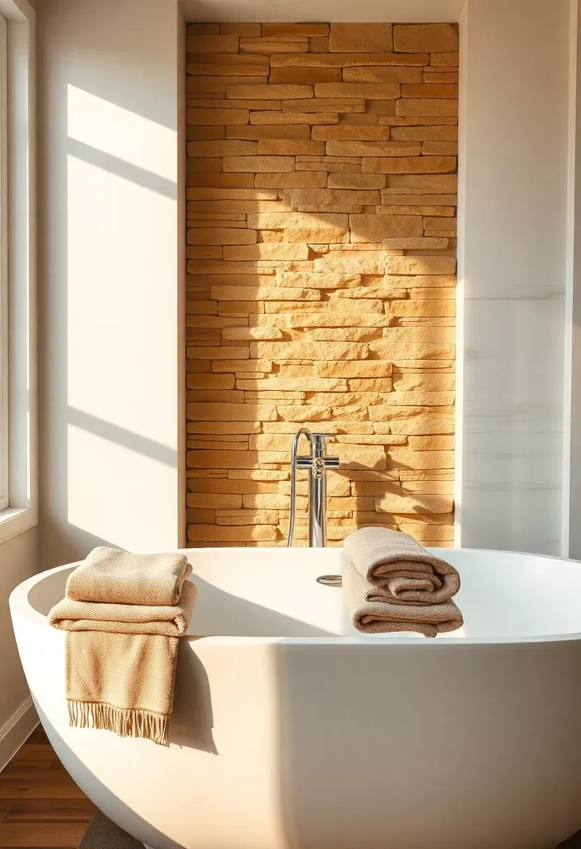 Stacked natural stone ledger accent wall in warm sandstone tones behind a freestanding white bathtub