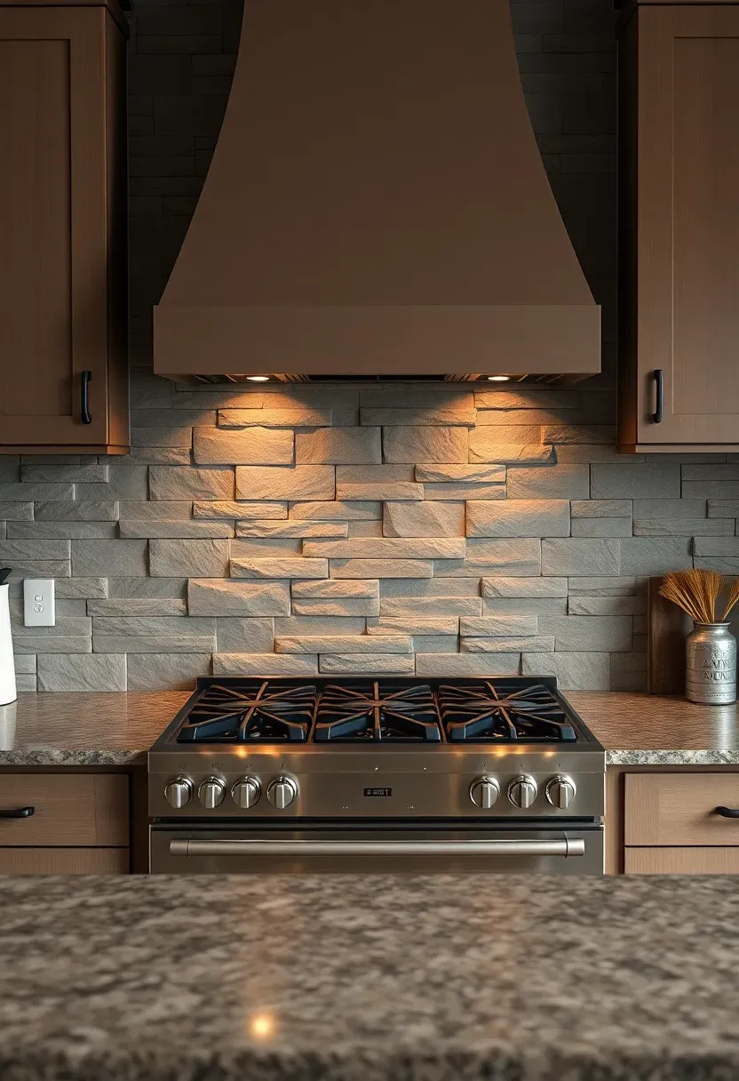warm gray stacked stone ledger panels on kitchen backsplash behind range with fantasy brown granite counters