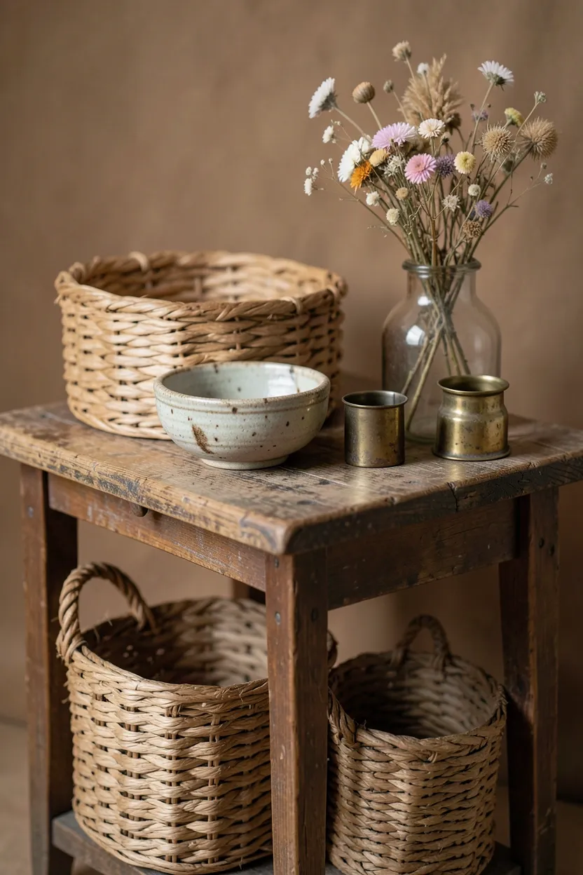Vintage and handmade bohemian objects on a wooden side table: handmade ceramic bowl with visible throwing marks, woven grass basket, tarnished brass candle holder, and dried wildflowers in a glass vase celebrating authentic imperfection
