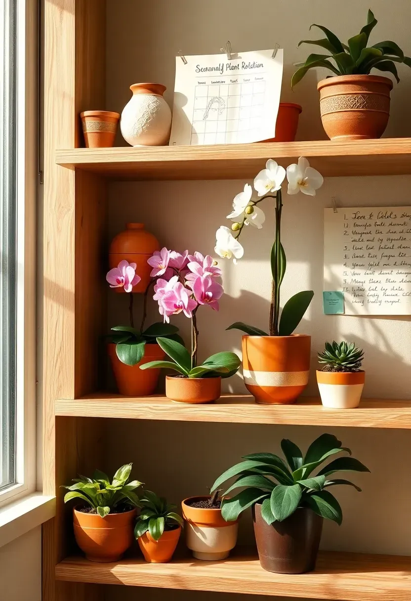 Organized sunroom plant display with labeled seasonal plant tags, empty decorative pots on shelves, and a small plant rotation chart on the wall in warm natural light