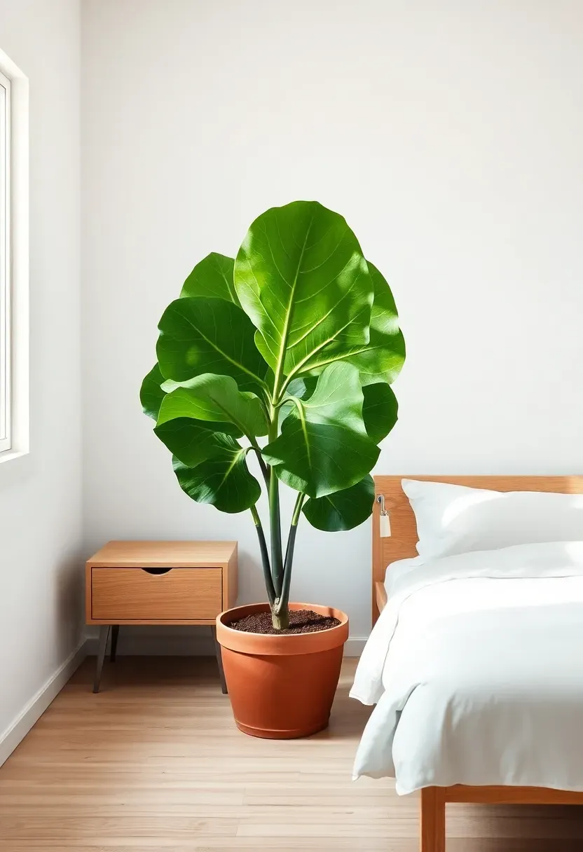 Hyper-realistic 3/4 view of a minimalist bedroom featuring one large fiddle leaf fig plant in corner. Materials: plant in simple terracotta pot with visible soil and large green leaves creating organic shape, light oak bed frame and nightstands, white bedding, cream walls, light oak floor. Soft diffused light from window filtering through plant leaves creating shadows. Clean uncluttered room with minimal other objects. Organic plant form contrasting geometric furniture lines.</p>