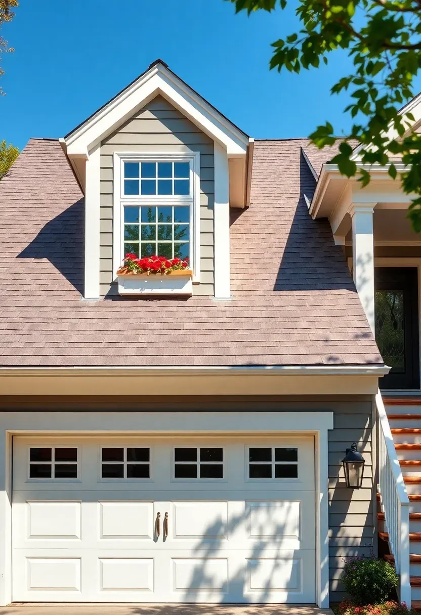 Attached garage with finished bonus room above featuring dormers, window boxes, and matching shingle siding