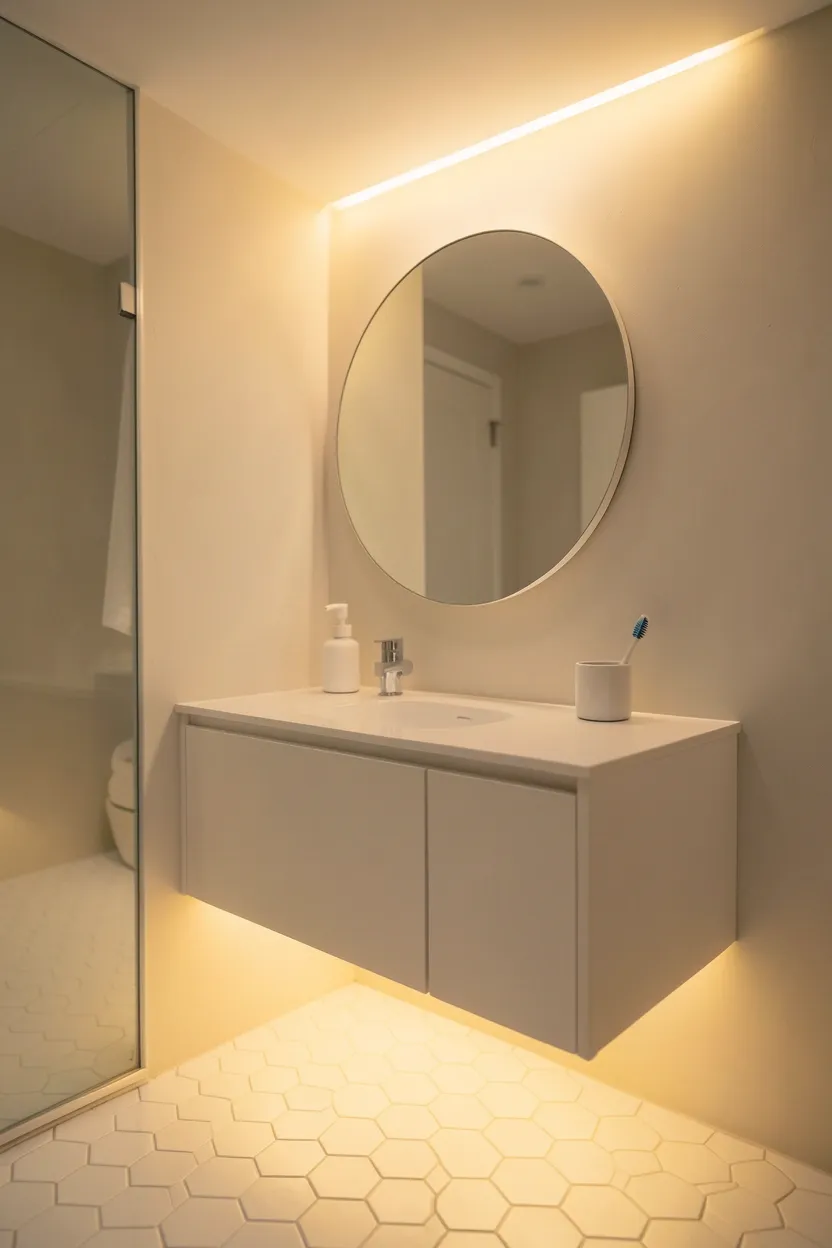 Warm LED strip lighting glowing beneath a floating bathroom vanity creating a modern spa-like effect