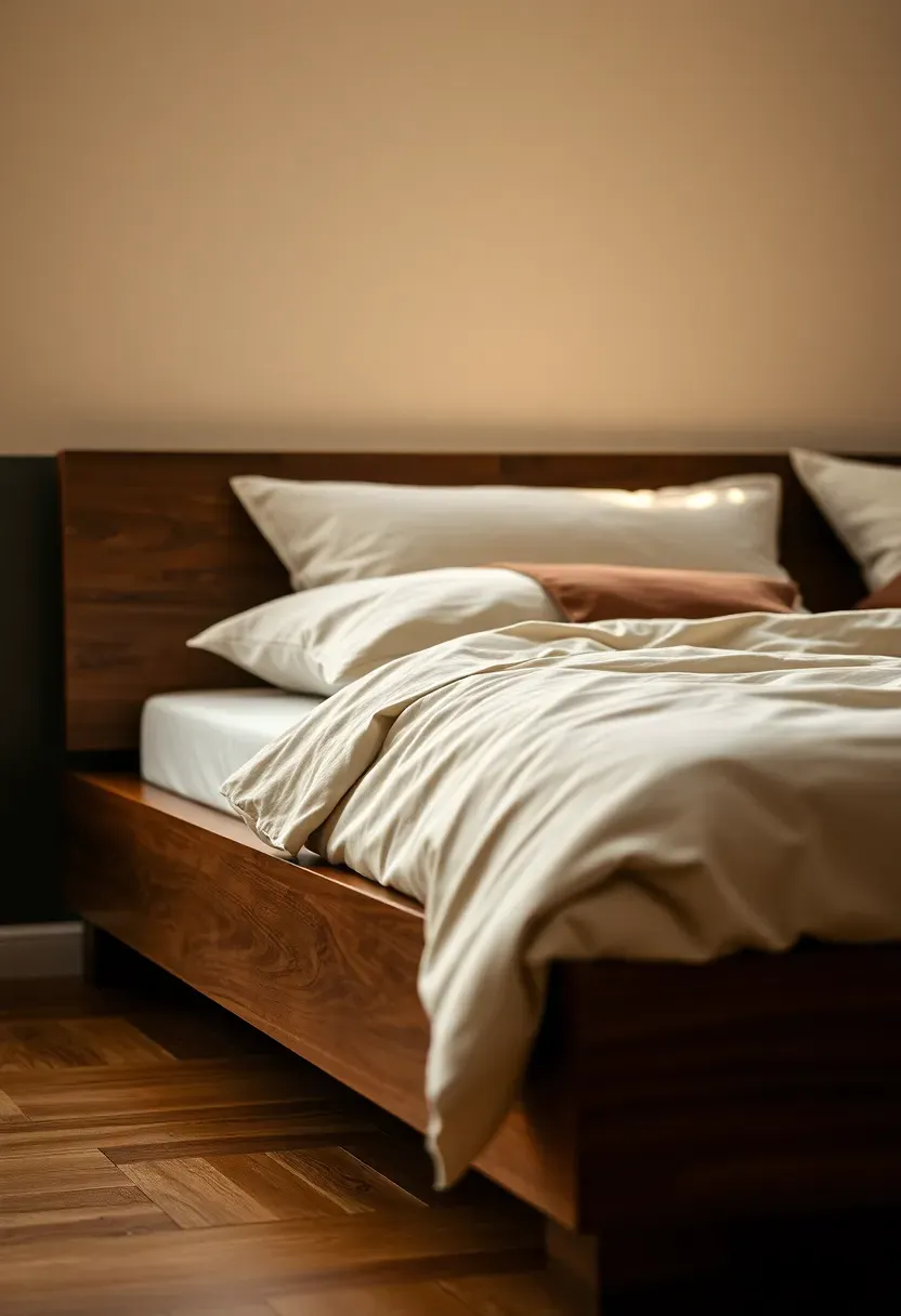 Low platform bed in dark wood