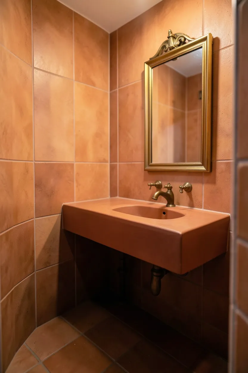 Intricate terracotta patterned floor tiles with Moroccan geometric design in a bathroom with neutral white walls