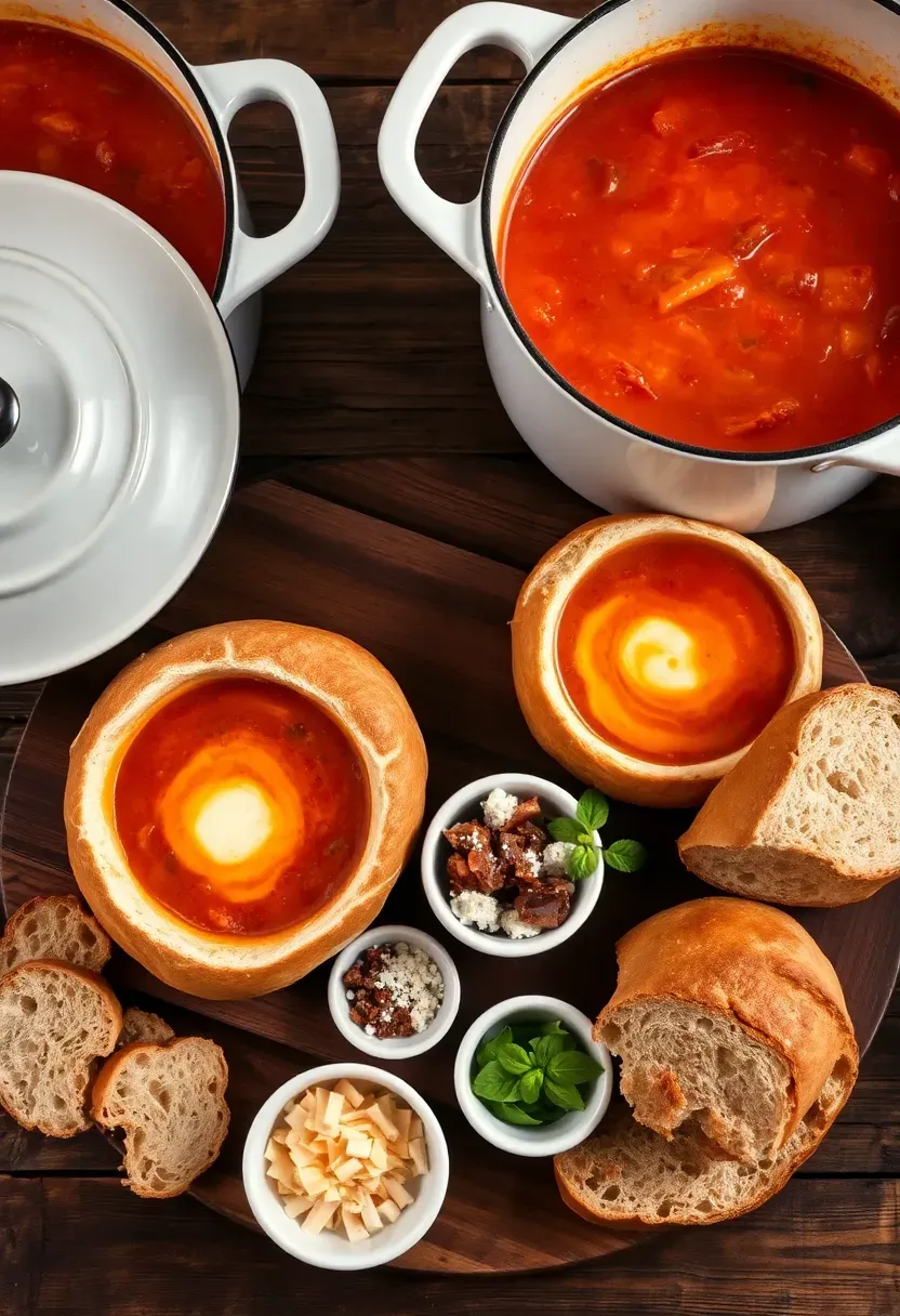 cozy soup and bread bowl station for a baby shower with a large pot of tomato basil soup, sourdough bread bowls, crusty baguette slices, and garnishes of fresh basil and parmesan