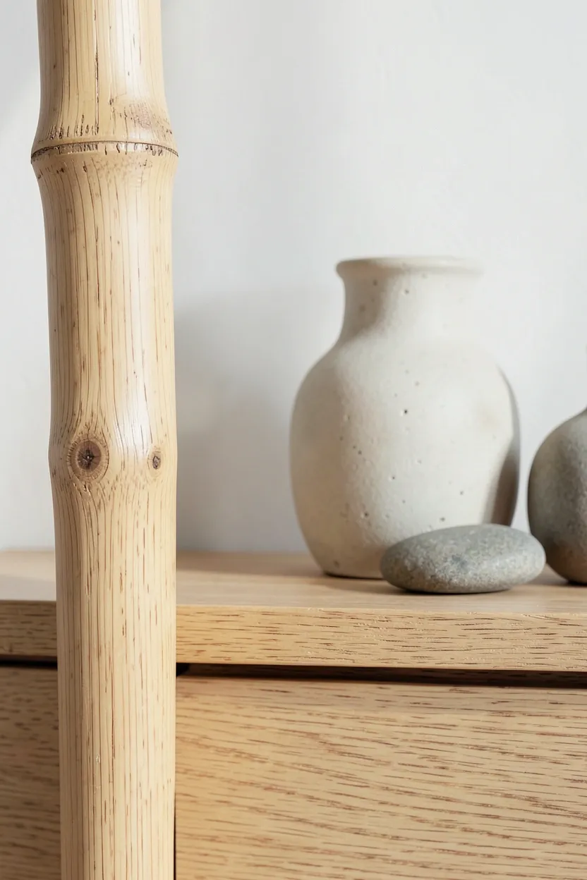 Hyper-realistic detail shot showcasing natural materials in Japandi interior. Close-up of light oak wood furniture grain visible, bamboo accent piece showing natural nodes, raw ceramic vase with subtle variations, small river stone decorative object. White wall background providing contrast. Materials: pale oak with visible grain pattern, bamboo with natural node texture, matte ceramic with subtle variations, smooth river stone. Soft directional lighting highlighting texture and material quality, shallow depth of focus on materials. Natural material philosophy mood showing authentic textures and honest construction.</p>
