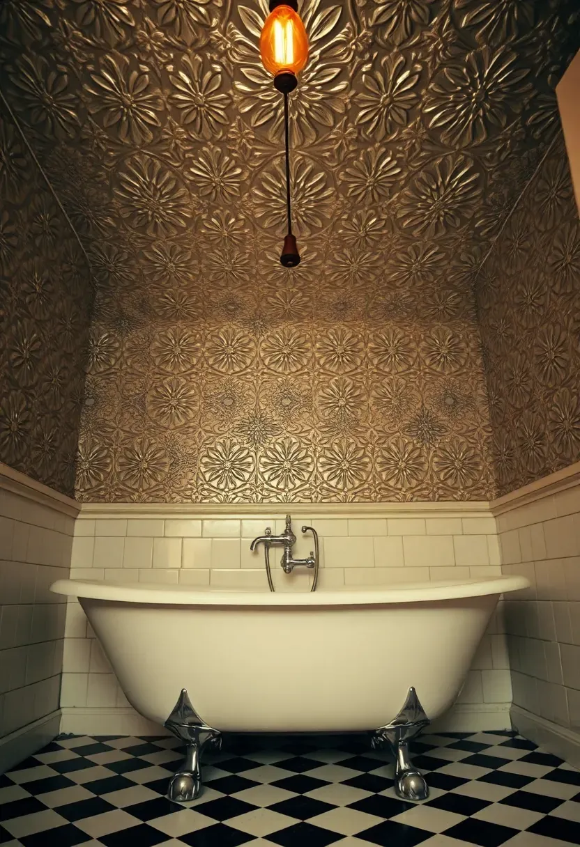 Ornate pressed tin tile ceiling with silver patina in a vintage bathroom with clawfoot tub
