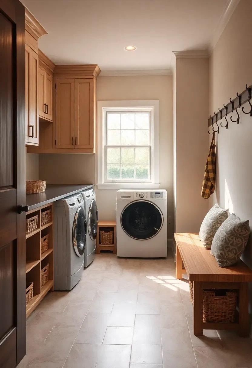 Hyper-realistic wide view of combined mudroom-laundry space, front-loading washer and dryer beneath countertop, built-in wooden bench with cushion, upper lockers with doors, lower cubbies with baskets, coat hooks on wall, porcelain tile floor with plaid pattern, bench with throw pillows. Materials: painted wood cabinetry, porcelain tile, woven baskets, brass hooks. Natural light from window, warm ambient feeling. Organized family-friendly mood, visible entry door context. No text, no logos, no watermarks.</p>