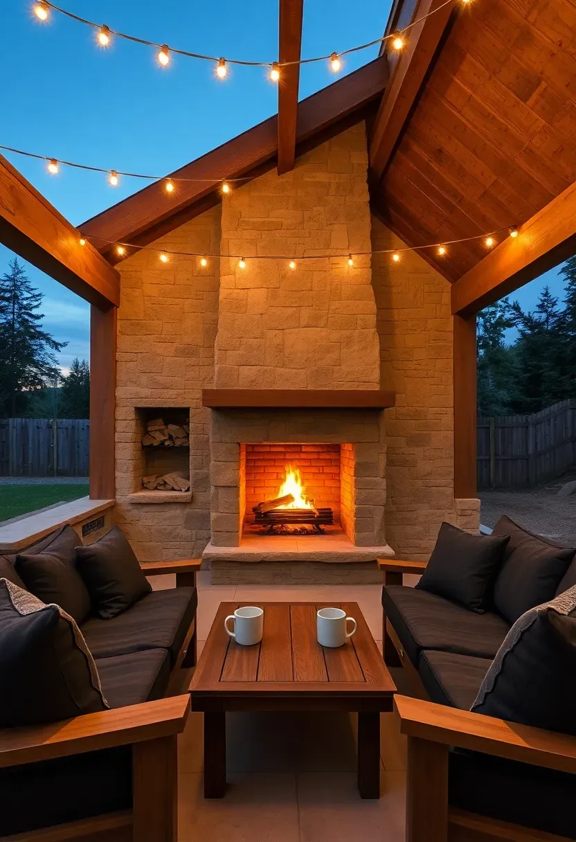 A backyard pavilion with a large stone fireplace at one end, built-in wood storage niche, a seating area with deep cushioned sofas, and string lights overhead at twilight