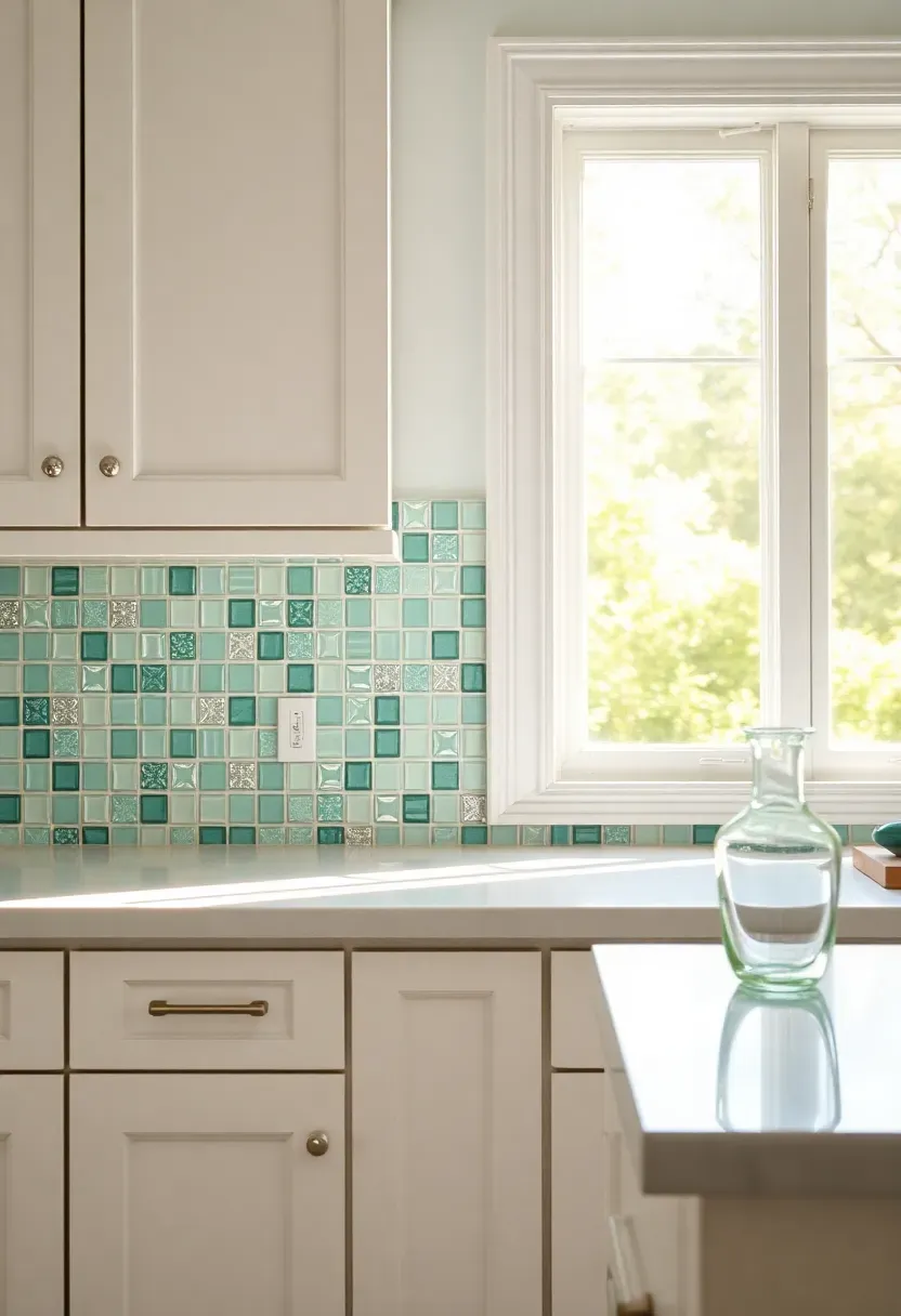 seafoam green glass mosaic tile backsplash with translucent depth in a sunlit white kitchen