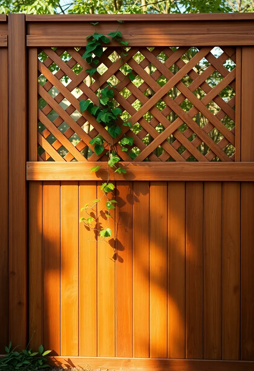 Privacy fence with decorative lattice panel on top section allowing filtered light through in a garden backyard