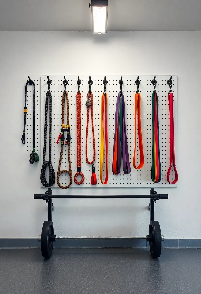 Organized garage gym with pegboard wall holding jump ropes, bands, and accessories, barbell rack below, and epoxy-coated floor
